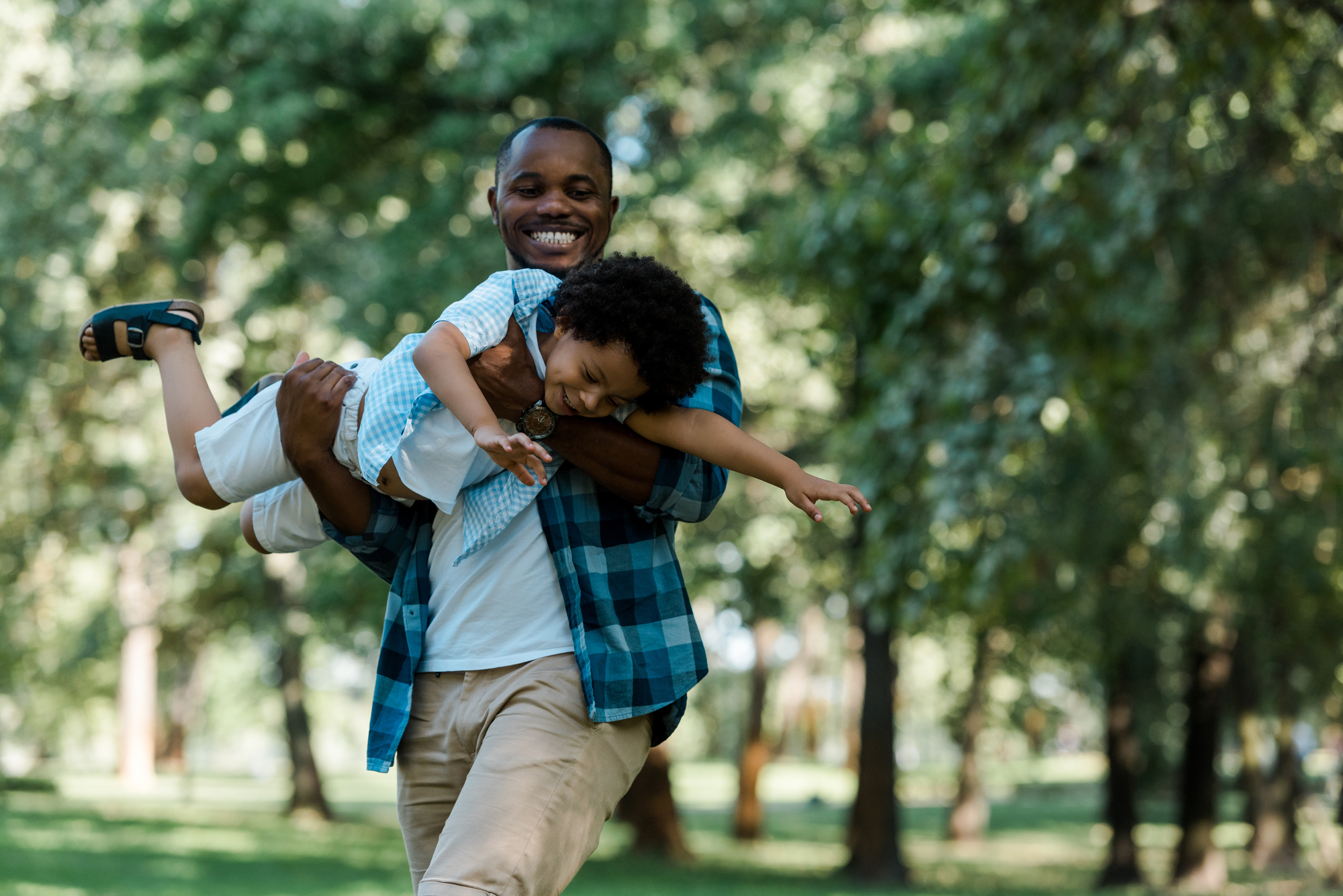 Smiling african american father holding n arms cute son in green park